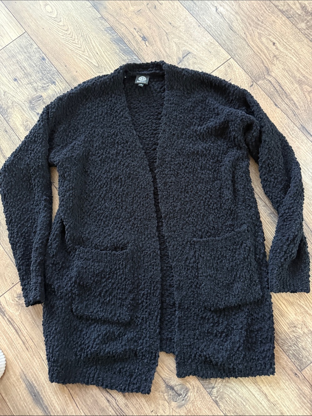 Women's Black Open-Front Popcorn Knit Cardigan with Pockets